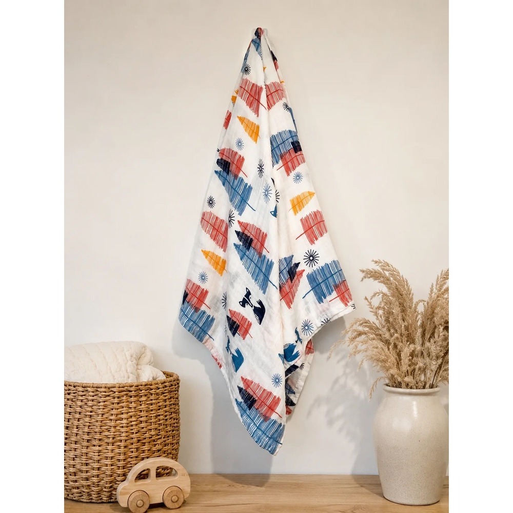 Woodland Fox Cotton Muslin Swaddle Blanket Navy Rust Orange Tree Print 43x41